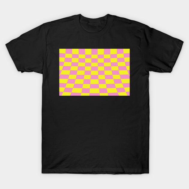 Warped perspective coloured checker board effect grid yellow and pink T-Shirt by Russell102